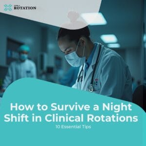 A healthcare professional in a mask and scrubs focuses on hospital work, with a sidebar text overlay: "How to Survive a Night Shift in Clinical Rotations: 10 Essential Tips.